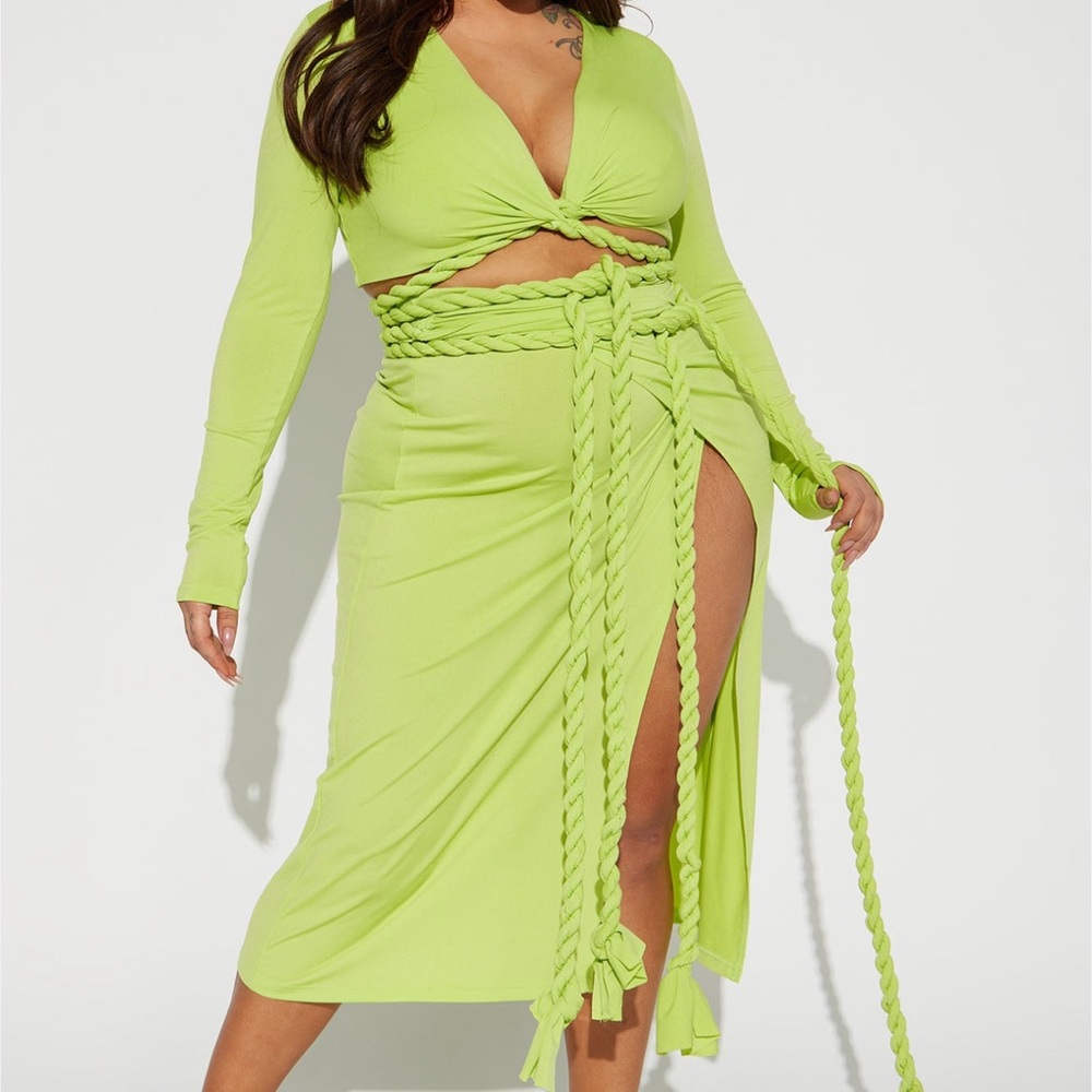 Sexy Neon Green two piece Long Sleeve skirt set